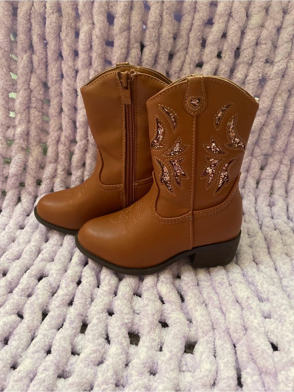 American Exchange Girls' Tan Brown Western Cowboy Boots with Sequin
